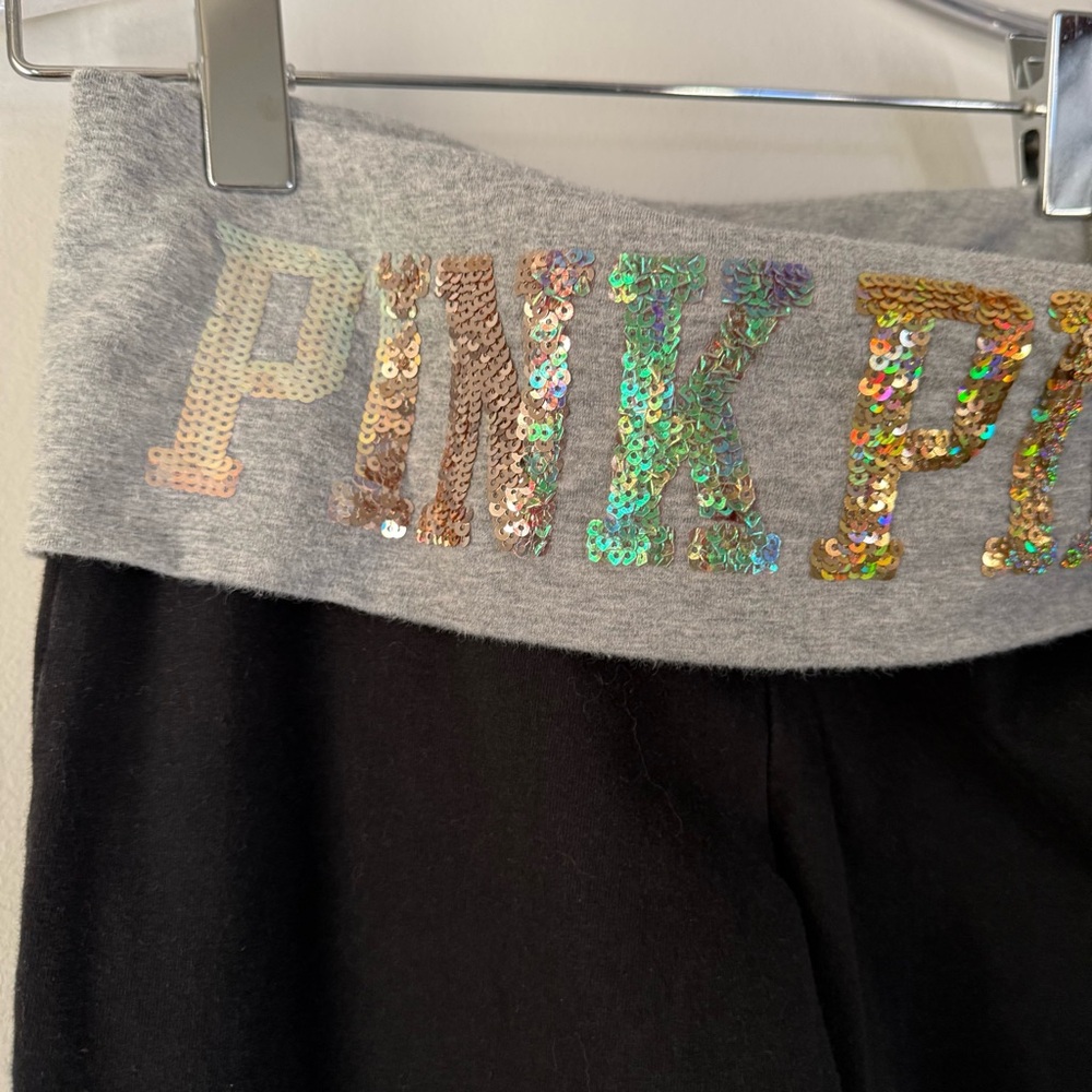 VS PINK Y2K bling foldover flare yoga leggings black grey sequin waistband Small - Picture 6 of 14